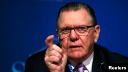 General Jack Keane, U.S. Army (ret.), chairman, Institute for the Study of War (ISW), answers a question about Russia and Crimea as he speaks at a panel discussion at the SALT conference in Las Vegas May 15, 2014. 