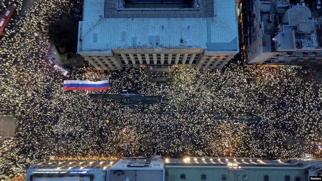 Students protest against government policies, corruption, and negligence, which they blame for the deaths of the victims in the November 2024 Novi Sad railway station disaster, outside the constitutional court in Belgrade, Serbia, Jan. 12, 2025.