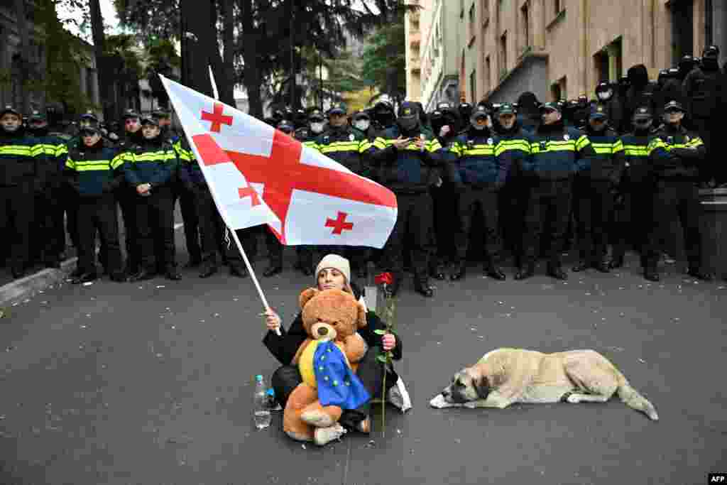 A woman holds a red rose and a Georgian flag as she faces law enforcement officers during a protest against the results of the last month&#39;s parliamentary elections in Tbilisi as the Parliament convene its first session.