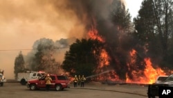 In this photo provided by the Cal Fire Communications, firefighters battle a wildfire in an area northeast of Clearlake Oaks, California, June 24, 2018