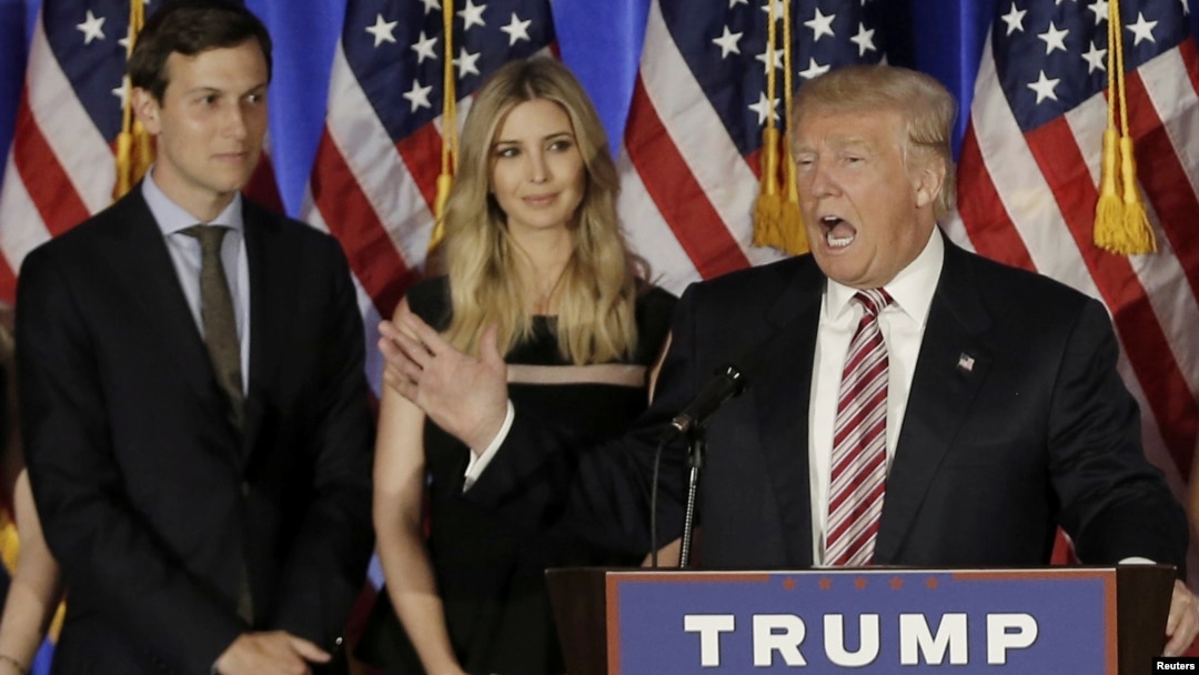 FILE - Donald Trump speaks as his son-in-law, Jared Kushner, and his daughter, Ivanka Trump, listen at a campaign event at the Trump National Golf Club Westchester in Briarcliff Manor, N.Y., June 7, 2016. 