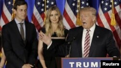 FILE - Donald Trump speaks as his son-in-law, Jared Kushner, and his daughter, Ivanka Trump, listen at a campaign event at the Trump National Golf Club Westchester in Briarcliff Manor, N.Y., June 7, 2016. 