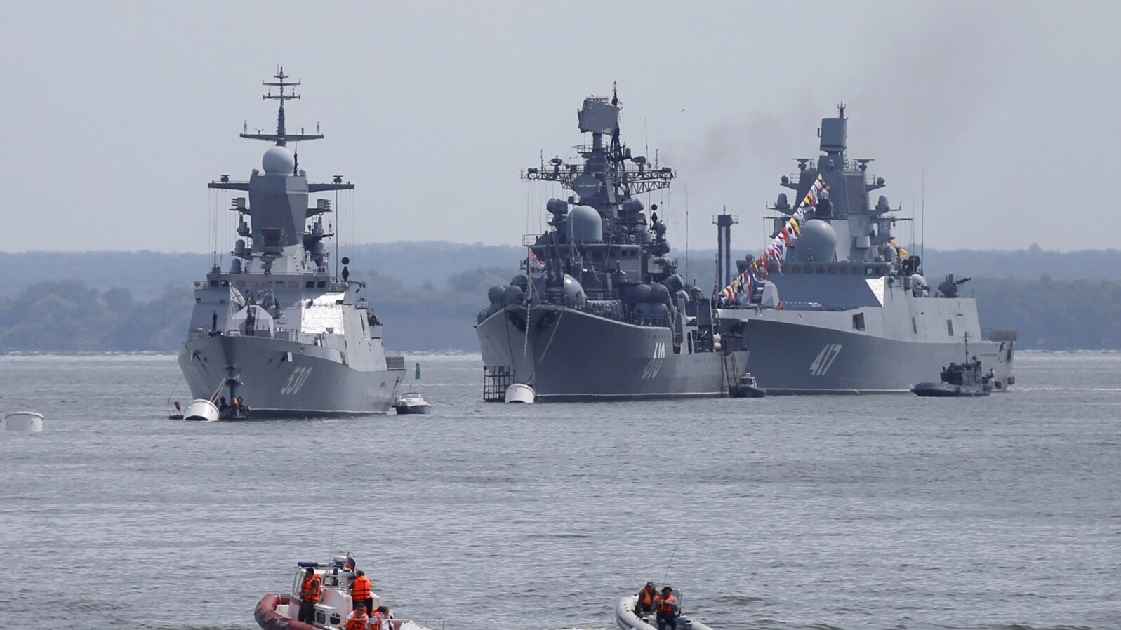 Russian war ships are seen anchored in a bay of the Russian fleet base in Baltiysk in Russia's Kaliningrad region between Poland and the Baltic states, July 19, 2015.