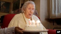 Emma Morano, 117 years old, celebrates her birthday in Verbania, Italy, Nov. 29, 2016. At 117 years of age, Emma is now the oldest person in the world. For Americans, life expectancy has fallen to not quite 79 years.