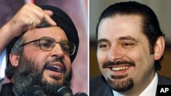 This combo shows portraits of Lebanese PM Saad Hariri (R) at his office in Beirut and Hezbollah leader Hassan Nasrallah (File)