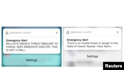 A combination photograph shows screenshots from a cell phone displaying an alert for a ballistic missile launch and the subsequent false alarm message in Hawaii Jan. 13, 2018.