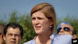 U.S. Ambassador to the United Nations Samantha Power speaks to reporters in Juba, South Sudan, Sept. 3, 2016. 