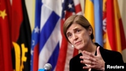 U.S. Ambassador to the U.N. Samantha Power addresses the media following a Security Council vote aimed at ensuring that U.N. officials could monitor evacuations from the Syrian city of Aleppo, Dec. 19, 2016.