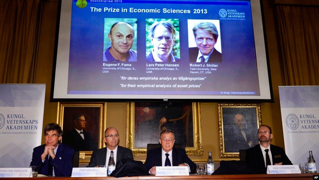 Ba kinh tế gia Eugene Fama, Lars Peter Hansen và Robert Shiller đoạt giải Nobel kinh tế 2013 vì công trình “phân tích thực tế về giá cả tài sản".