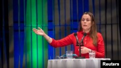 Iceland's prime minister Katrin Jakobsdottir speaks during a meeting with Nordic CEO's, part of the annual summer meeting of the Nordic heads of government in Reykjavik on Aug. 20, 2019. 