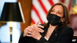 Vice President Kamala Harris speaks during a virtual meeting with outside national security experts in the vice president's ceremonial office at the Eisenhower Executive Office Building on the White House complex in Washington, April 14, 2021. 