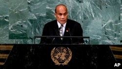 FILE - Kiribati President Taneti Maamau addresses the United Nations General Assembly on Sept. 22, 2022, in New York. Maamau won his third term in office on Oct. 26, 2024.