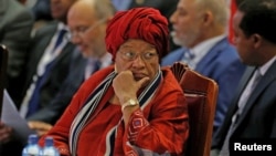 FILE - Liberia's President Ellen Johnson-Sirleaf attends the Sixth Tokyo International Conference on African Development (TICAD VI) in Kenya's capital Nairobi, Aug. 27, 2016.