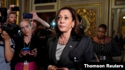 La vicepresidenta de Estados Unidos, Kamala Harris, en un intercambio con los periodistas el 22 de junio de 2021 en el Capitolio, Washington DC.