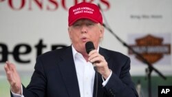 Republican presidential candidate Donald Trump speaks to supporters and bikers at a Rolling Thunder rally at the National Mall in Washington, D.C., May 29, 2016.