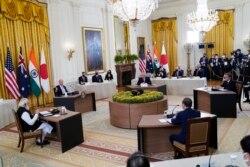 U.S. President Joe Biden speaks during the Quad summit with Australian Prime Minister Scott Morrison, Indian Prime Minister Narendra Modi, and Japanese Prime Minister Yoshihide Suga, in the East Room of the White House, on September 24, 2021.