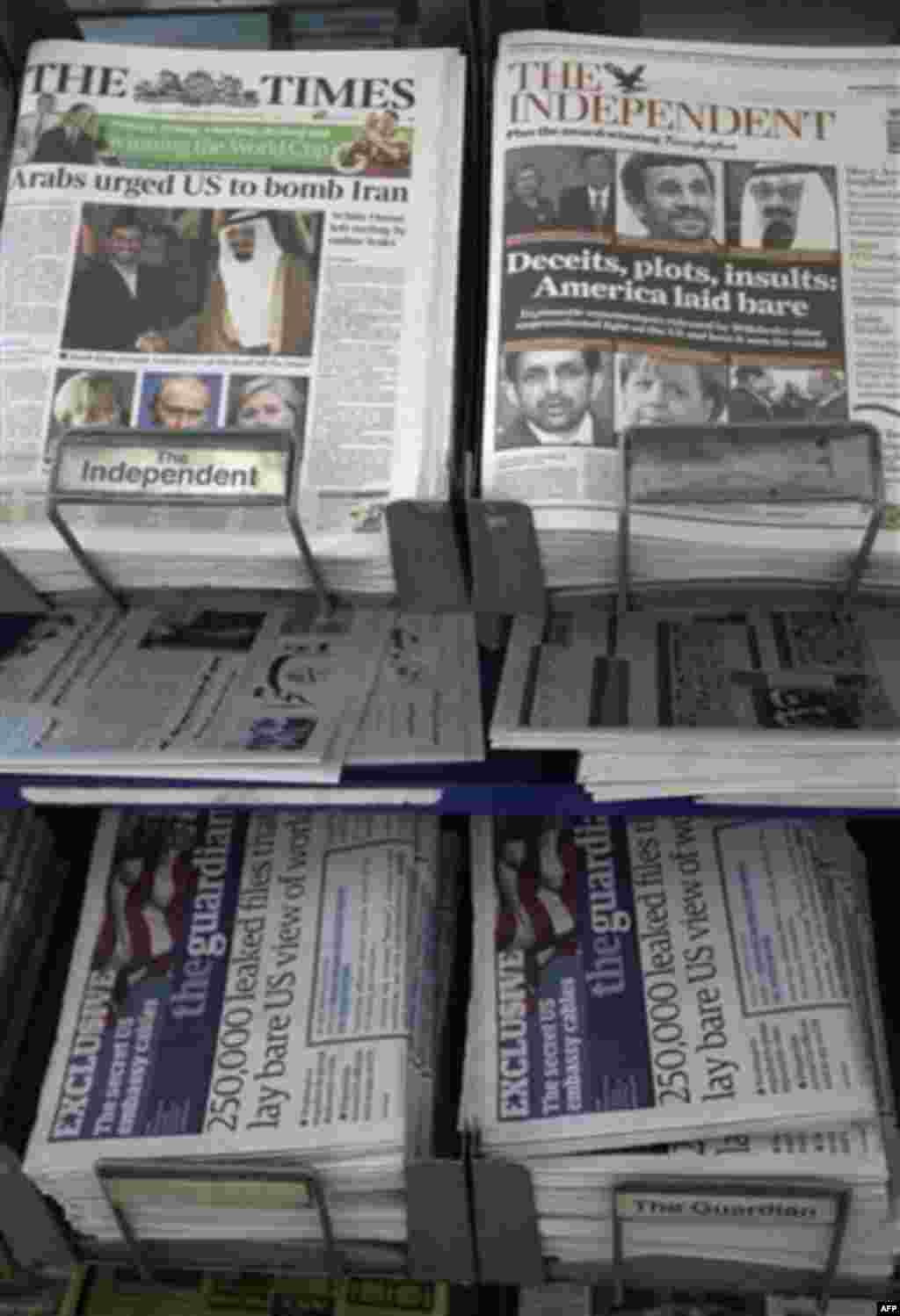 A news stand displaying newspapers, some carrying the story on WikiLeaks' release of classified U.S. State Department documents, at a newsagent in central London, Monday, Nov. 29, 2010. The online whistleblower WikiLeaks released classified U.S. diplomati