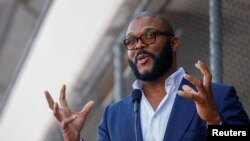 Movie mogul Tyler Perry gestures as he speaks during the unveiling of his star on the Hollywood Walk of Fame in Los Angeles, California, Oct. 1, 2019.