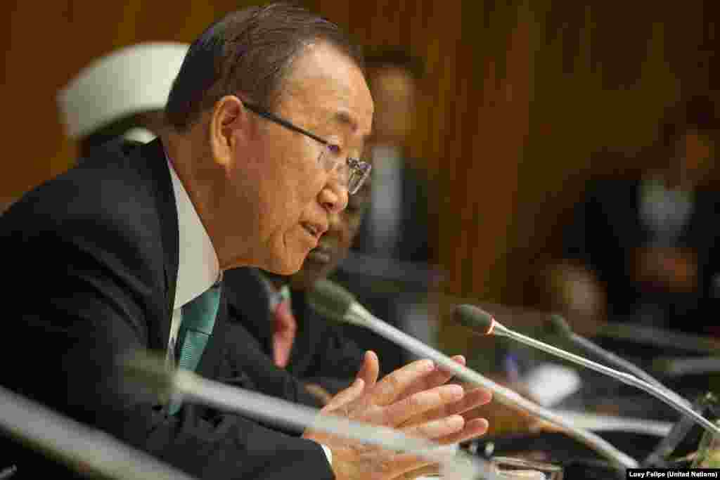 Sekretaris Jenderal PBB Ban Ki-moon berpidato dalam pertemuan tingkat tinggi mengenai Sudan Selatan, di sela-sela Sidang Majelis Umum PBB di New York (26/9).