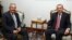 Turkish President Recep Tayyip Erdogan meets the former leader of the Republican People's Party, Deniz Baykal, at the presidential palace in Ankara, June 10, 2015.