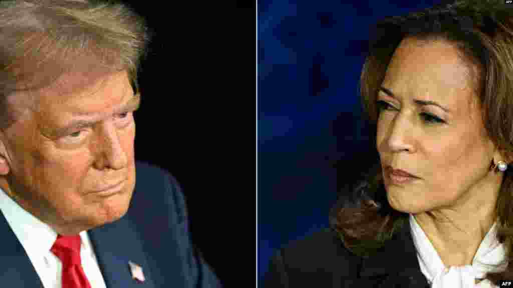 Vice-présidente mpe démocrate Kamala Harris (D) na président ya kala Donald Trump batalani miso na miso na bondongwani na bango na etando eke na&nbsp;National Constitution Center, Philadelphie, Pennsylvanie, 10 sanza ya libwa 2024.