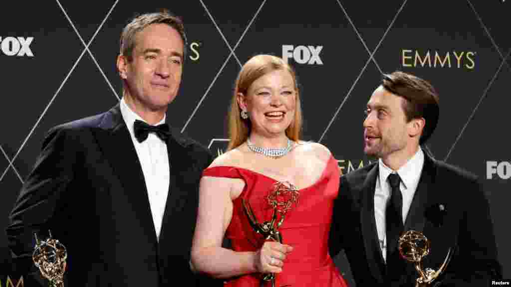 Matthew Macfadyen, Sarah Snook and Kieran Culkin from &quot;Succession&quot; pose together with awards, at the 75th Primetime Emmy Awards in Los Angeles, California, Jan. 15, 2024.