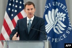 British Foreign Secretary Jeremy Hunt speaks about UK foreign policy and upholding the international order at the US Institute of Peace in Washington, DC, Aug. 21, 2018.