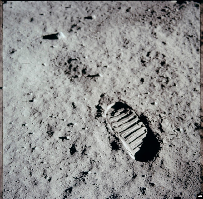 FILE - Apollo 11 astronaut Edwin "Buzz" Aldrin photographed this footprint in the lunar soil on July 21, 1969 as part of an experiment to study the nature of lunar dust and the effects of pressure on the surface. (Edwin "Buzz" Aldrin/NASA via AP)