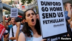 Members of Patriotic Party shout slogans as they demonstrate against the visit of U.S. Chairman of the Joint Chiefs of Staff General Joseph F. Dunford in front of the U.S. Embassy in Ankara, Turkey, Aug. 1, 2016. 