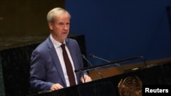 FILE - European Union Ambassador to the United Nations Olof Skoog speaks to the U.N. General Assembly at U.N. headquarters in New York City, Oct. 27, 2023.