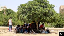 FILE - Migrants shade under a tree during a gathering in Sfax, Tunisia's eastern coast, Friday, July 7, 2023.
