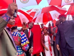 Members of the National Unity Platform at the launch of the People Power Movement's political wing led by Robert Kyagulanyi, known as Bobi Wine, Kampala, July 22, 2020. (Photo by Halima Athumani/VOA)