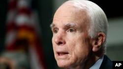 FILE - Senate Armed Services Committee Chairman Sen. John McCain, R-Ariz. speaks on Capitol Hill in Washington, June 13, 2017. 