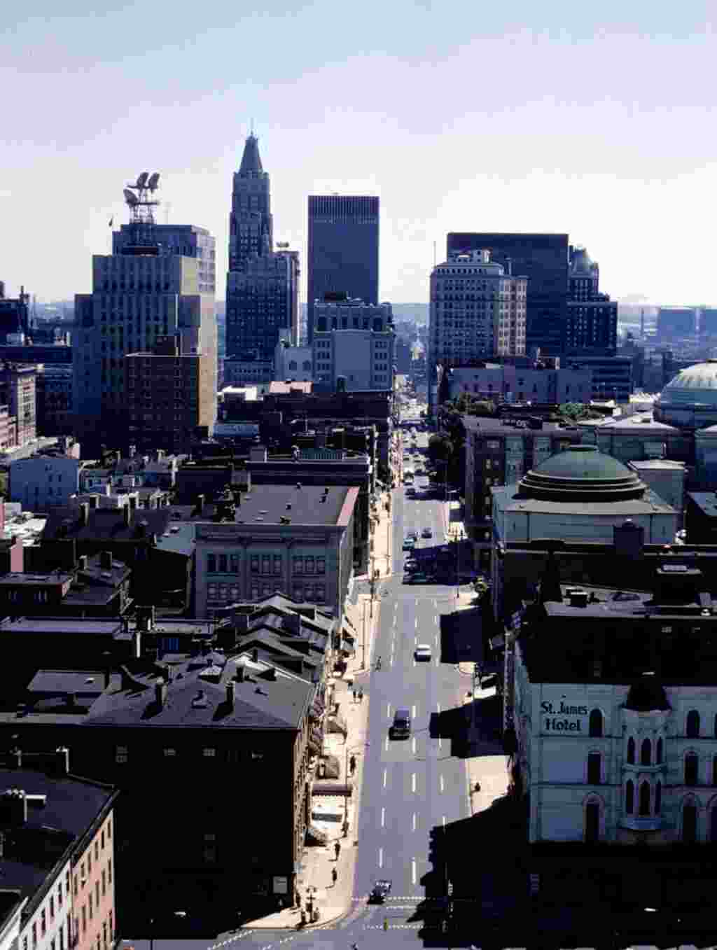 Looking downtown along North Charles Street from atop the monument. The Bank of America building with its traditional architecture was Baltimore’s first skyscraper. Completed in 1927 as the Matheson Building, it remained Baltimore’s tallest for decades.