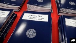 Copies of President Donald Trump's first budget are displayed at the Government Printing Office in Washington, March, 16, 2017. 