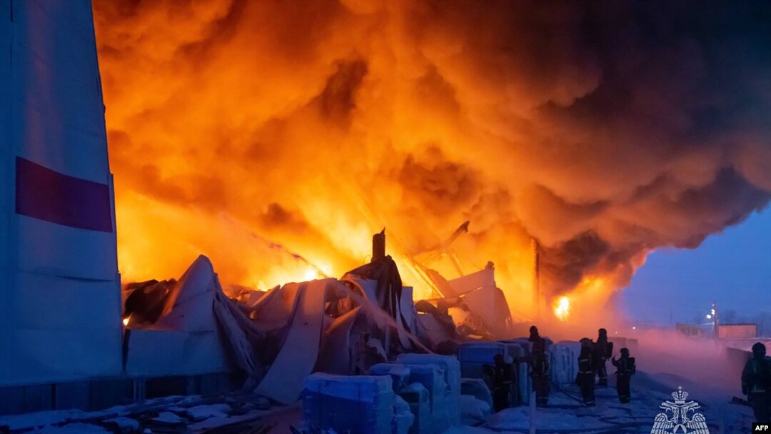 A fire broke out in a warehouse of Russia's e-commerce giant Wildberries outside Saint Petersburg on Jan. 13, 2024. (Russian Emergencies Ministry via AFP)