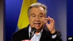 El secretario general de la ONU António Guterres el 13 de enero del 2018 en Bogotá. Líderes de 64 naciones, la Unión Europea, más de una docena de compañías y bancos, algunas ciudades y un estado presentarán planes en la Cumbre de Acción Climática. (AP/Fernando Vergara)