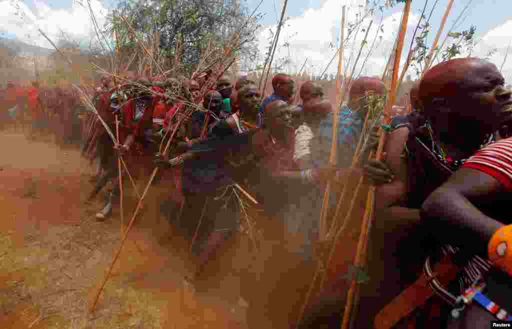 Maasai men of Matapato jostle as they attend the Olng&#39;esherr (meat-eating) passage ceremony to unite two age-sets; the older Ilpaamu and the younger Ilaitete into senior elder-hood as the final rite of passage, in Maparasha hills of Kajiado, Kenya.