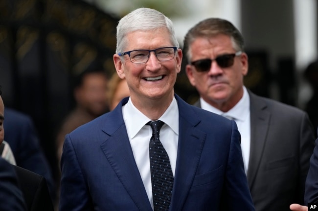 FILE - Apple CEO Tim Cook walks after a meeting with Indonesian President Joko Widodo in Jakarta, Indonesia, April 17, 2024. Cook was among the highest paid CEO's in 2023 according to the Associated Press survey of CEO pay. (AP Photo/Achmad Ibrahim, File22)