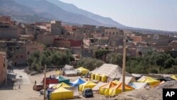 Tents sheltering people who were affected by the earthquake, in the town of Amizmiz, outside Marrakech, Morocco, Thursday, Sept. 14, 2023. 