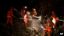 Un equipo de trabajo del Departamento de Correccionales de California trabaja en las líneas de contención para combatir el incendio Palisades el martes 14 de enero de 2025 en Santa Monica, California. AP