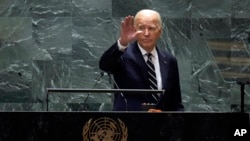 United States President Joe Biden waves after his address to the 79th session of the United Nations General Assembly, Sept. 24, 2024. 