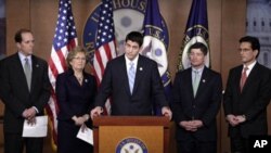 From left, House Ways and Means Committee Chairman Rep. Dave Camp, R-Mich., Rep. Diane Black, R-Tenn., House Budget Committee Chairman, Rep. Paul Ryan, R-Wis., Republican Conference Chairman Rep. Jeb Hensarling, R-Texas, and House Majority Leader Eric Can