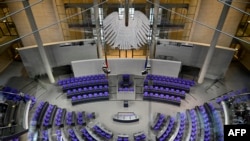 FILE - This general view shows the plenary hall of the German Bundestag (lower house of parliament) in Berlin, Nov. 12, 2024. Germany is heading for early parliamentary elections in February.