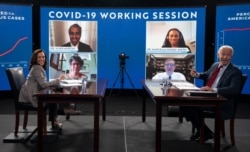 Democratic presidential candidate former Vice President Joe Biden and his running mate Sen. Kamala Harris, D-Calif., receive a virtual briefing on COVID-19 from public health experts in Wilmington, Del., Aug. 13, 2020.