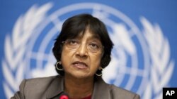 UN High Commissioner for Human Rights Navi Pillay addresses a news conference at the European headquarters of the United Nations in Geneva (File Photo).