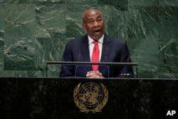 Uganda's Prime Minister Ruhakana Rugunda addresses the 73rd session of the United Nations General Assembly, Sept. 27, 2018, at the United Nations headquarters.