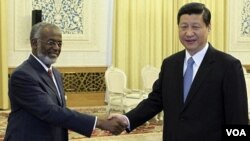 Wakil Presiden Tiongkok Xi Jinping (kanan) berjabat tangan dengan Menteri Luar Negeri Sudan Ali Ahmed Karti saat bertemu di Great Hall of People, Beijing, Selasa (28/2).