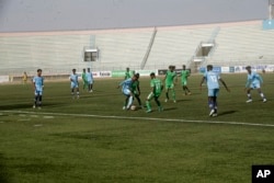 FILE - Hirshabele and Jubaland play a soccer league match at a stadium in Mogadishu, Somalia, January 23, 2024.