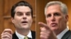 (COMBO) This combination of file pictures created on October 3, 2023 shows US Republican Representative Matt Gaetz (L) of Florida on Capitol Hill in Washington, DC, September 20, 2023 and US House Speaker Kevin McCarthy (R-CA) at the US Capitol in Washing